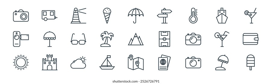 verão linear e viagem ícone pack. vetor linha fina sol guarda-chuva, caravana, farol, navio, palmeira, carteira, localização do mapa,   ícones adequados para designs de interface do usuário de aplicativos e sites