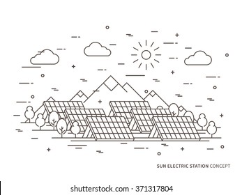 Linear sun electric station (solar energy park, solar power station) vector illustration. Solar power engineering (solar power plant) creative concept. Solar cell panel graphic design.
