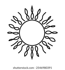 Ícone solar linear. Imagem em preto e branco de um sol desenhado à mão. Ilustração vetorial