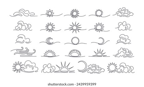 Linear sun, moon, cloud sign. Cloudy weather, wind, sky symbol in minimal style. Vector continuous line set. Abstract editable stroke isolated on white background