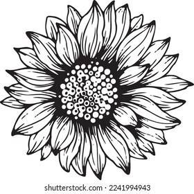 Linear sunflower flower. Hand drawn illustration. This art is perfect for invitation cards, spring and summer decor, greeting cards, posters, scrapbooking, print, etc.