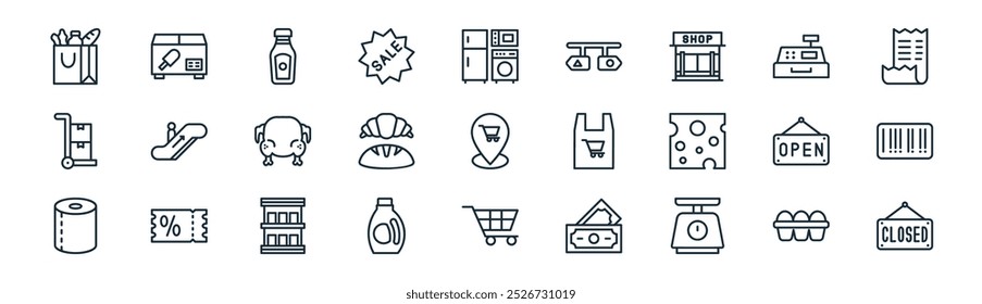 linear supermarket icon pack. vector thin line egg, refrigerator, ketchup, cashier, bakery, barcode, shopping cart, closed icons suitable for apps and websites ui designs