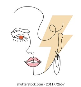 linear surreal portrait of a beautiful woman with the lightning bolt symbol. Design for posters, stickers or t-shirts with style of the eighties.