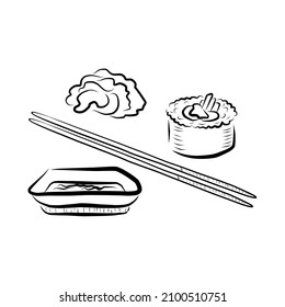 Linear sushi set with chopsticks and ginger. Vector illustration