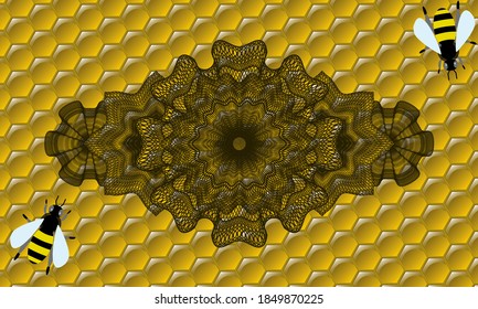 Linear sweet honey bees realistic badge. beekeeping delicate background. Intense illustration. 