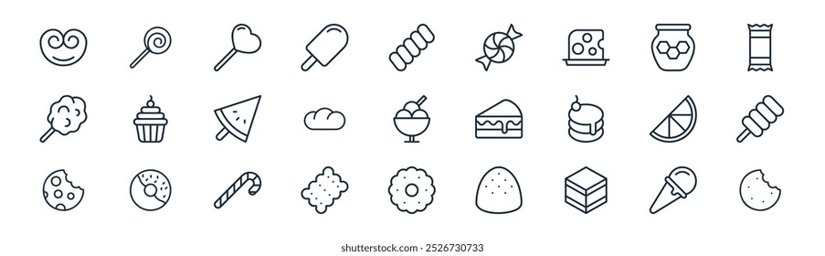 lineare Süßigkeiten Icon Pack. Vektor dünne Linie Eis Kegel, Lollipop, Lollipop, Honig Glas, Brötchen, Stick, Ingwer Keks, Keks Icons geeignet für Apps und Websites ui Designs