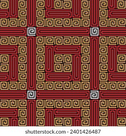Linear swirl pattern. A geometric traditional Chinese striped vector pattern with red, gold, and white colors.