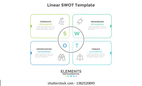 Linear SWOT chart with 4 rectangular elements. Simple diagram for business analysis and strategic planning. Minimal infographic design template. Modern vector illustration for presentation, banner.