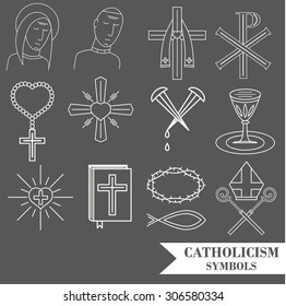 Linear symbols of catholic religion. Vector symbols set.