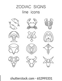 Linear symbols set, 12 zodiac signs, horoscope icons