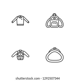 Linear T Shirt with De, Nylon Jacket, Backpack, Purse Vector Illustration Of 4 outline Icons. Editable Pack Of T Shirt with De, Nylon Jacket, Backpack, Purse