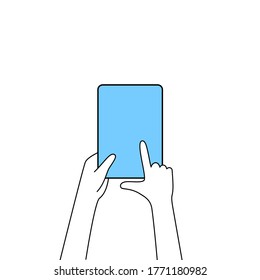linear tablet blue screen in hand. concept of using devices for working and studying remotely, launching projects, creating app, creative tasks, planning. simple sign isolated on white background