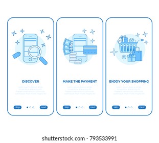 Linear Tablet smartphone buy online shopping e-commerce store flat web infographic mobile vector electronic business sales icon interface. Shop cart product screen application. Search and payment app