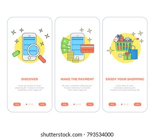 Linear Tablet smartphone buy online shopping e-commerce store flat web infographic mobile vector electronic business sales icon interface. Shop cart product screen application. Search and payment app