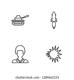 Linear Tank, Soldier, Missile, Explosion Vector Illustration Of 4 outline Icons. Editable Pack Of Tank, Soldier, Missile, Explosion
