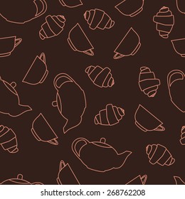 linear tea and croissants seamless pattern