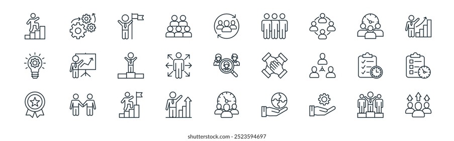 linear teamwork icon pack. vetor linha fina líder de equipe, desenvolvimento, liderança, tempo de trabalho, habilidades, planejamento, tempo de trabalho, ícones de equipe adequados para aplicativos e sites projetos de iu