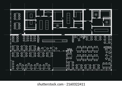 Linear technical sketch rectangle restaurant with terrace plan on black background