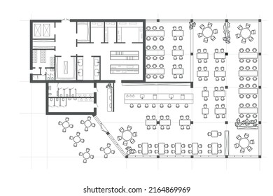 Linear technical sketch restaurant with bar and kitchen zone plan on white background