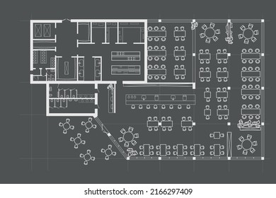 Linear technical sketch restaurant with bar and kitchen zone plan on gray background