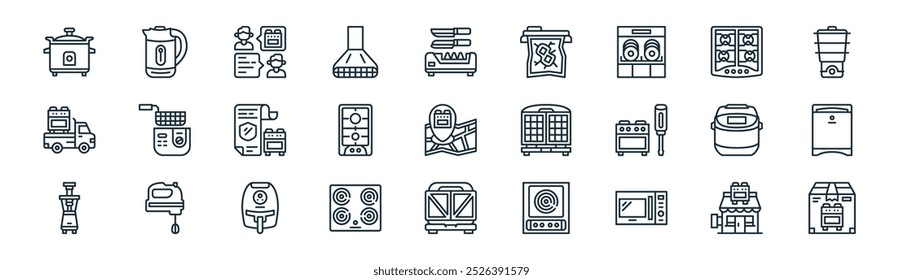 técnica linear ícone pack. vetor linha fina loja, chaleira, consulta, fogão, fogão, refrigerador, grelha, ícones de caixa adequados para aplicativos e sites projetos de iu