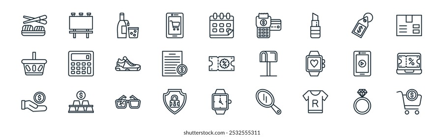 linear technology and commerce icon pack. vector thin line diamond ring, billboard, wine bottle, price tag, paper money, discount, wristwatch, online purchase icons suitable for apps and websites ui