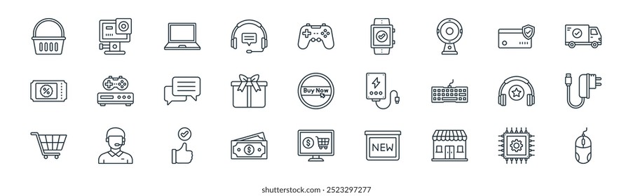 linear technology ecommerce icon pack. vector thin line hardware, action camera, laptop, secure payment, gift, charger, ecommerce, mouse icons suitable for apps and websites ui designs