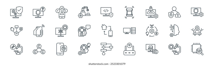 tecnologia linear icon pack. vetor linha fina nanotecnologia, tecnologia da informação, mídia social, privacidade, inteligência artificial, robótica, algoritmos, ícones didáticos adequados para aplicativos e sites