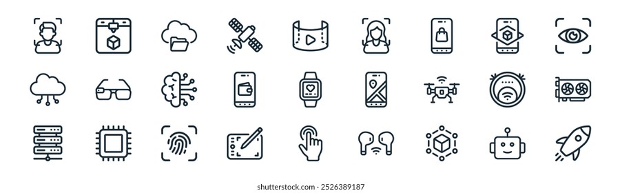 linear technology icon pack. vector thin line robot, d printer, cloud storage, augmented reality, digital wallet, graphic card, touch, rocket icons suitable for apps and websites ui designs
