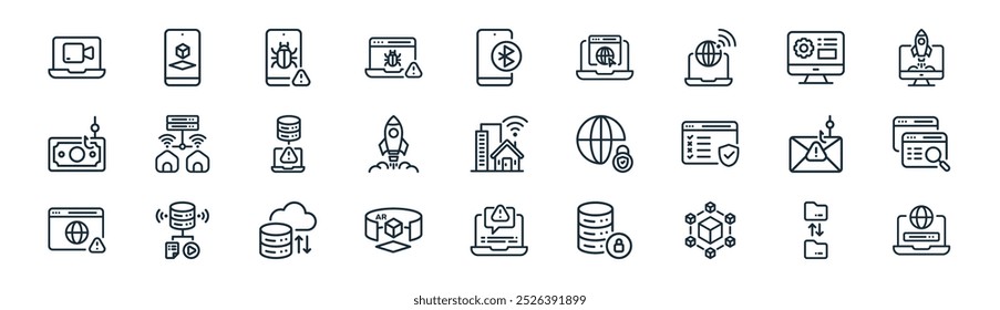 linear technology icon pack. vector thin line transfer data, augmented reality, bug, tings, rocket, search data, error, network icons suitable for apps and websites ui designs