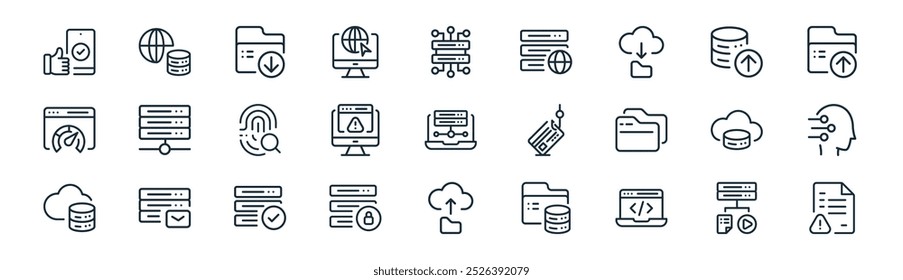 linear technology icon pack. vector thin line server, vps, download, upload, access denied, artificial intelligence, upload, warning icons suitable for apps and websites ui designs