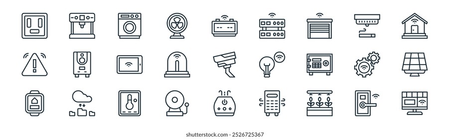 linear technology icon pack. vector thin line smart door, coffee maker, washing hine, smoke detector, alarm, solar panel, humidifier, smart tv icons suitable for apps and websites ui designs