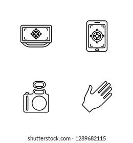 Linear Television, Photo camera, Smartphone, Hand Vector Illustration Of 4 outline Icons. Editable Pack Of Television, Photo camera, Smartphone, Hand