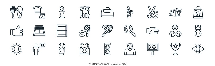 linear tennis elements icon pack. vector thin line trophy, clothing, sports trophy, tennis player, tennis racket, winner, bucket, vision icons suitable for apps and websites ui designs