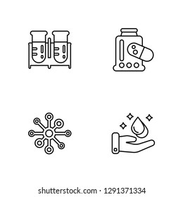 Linear Test tubes, Atom, Medicines, Hand wash Vector Illustration Of 4 outline Icons. Editable Pack Of Test tubes, Atom, Medicines, Hand wash