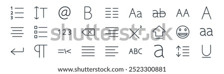 linear text and keyboard icon pack. vector thin line line adjustment, scale, at, uppercase, delete, lowercase, align left, underline icons suitable for apps and websites ui designs