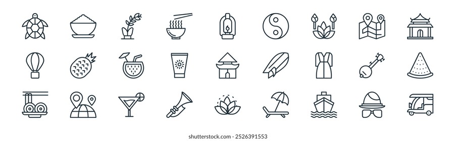 linear thailand icon pack. vector thin line mafia, rice, pot, location, sunblock, watermelon, lotus, tuk tuk icons suitable for apps and websites ui designs