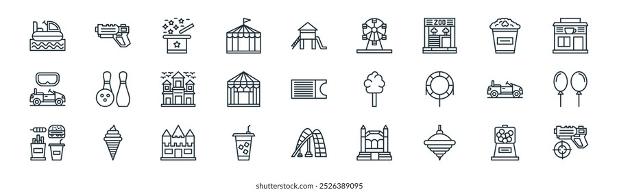 linear theme park icon pack. vector thin line candy hine, laser tag, magic trick, popcorn, circus, balloons, roller coaster, shooting game icons suitable for apps and websites ui designs