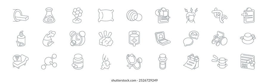 Vector de línea delgada de la columna vertebral, química, jardinería, genética, salud mental, piedras calientes, doctor, RX iconos adecuados para App y Sitios web UI diseños