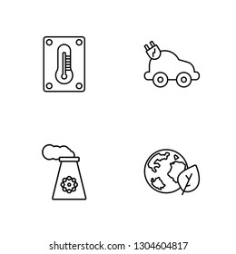 Linear Thermometer, Nuclear, Electric car, Globe Vector Illustration Of 4 outline Icons. 