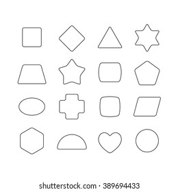 Linear thin geometric rounded shapes. Heart, star, hex, triangle, rhombus, rectangle, circle, trapeze, cross.