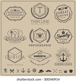 Linear thin line badge logo sets for Product label banner, Coffee shop, cafe, sea food restaurant, camera shop, restaurant, bakery shop | Vector illustration resize able and free font used