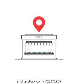 icono lineal de la tienda de líneas delgadas con pin rojo. simple estilo de caricatura plana tendencia moderna logo diseño gráfico elemento aislado en fondo blanco. concepto de búsqueda de dirección de hipermercado o consumismo