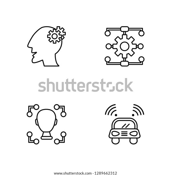 Linear Thought, Facial recognition,\
Algorithm, Car Vector Illustration Of 4 outline Icons. Editable\
Pack Of Thought, Facial recognition, Algorithm,\
Car