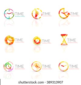 Linear time and clock abstract logo set, connected multicolored segments of lines. Vector minimal wire business icons isolated on white. Flat design