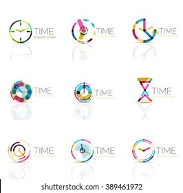 Linear time and clock abstract logo set, connected multicolored segments of lines. Vector minimal wire business icons isolated on white. Flat design