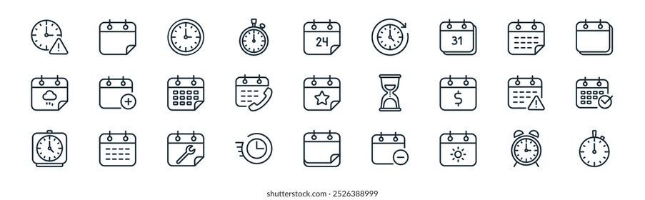 Icon-Paket für lineare Zeit und Datum. Vektor dünne Linie Uhr, Kalender, Uhr, Kalender, Kalender, Stoppuhr Icons geeignet für Apps und Websites ui Designs