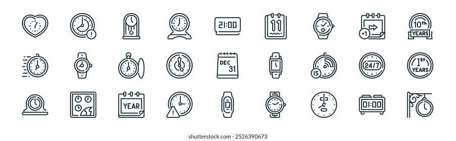 linear time and date icon pack. vector thin line clock, overdue, clock, tomorrow, clock, year, icons suitable for apps and websites ui designs