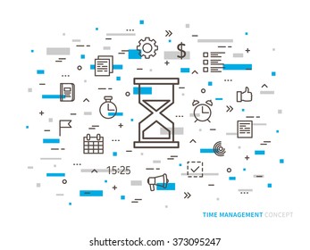 Ilustración vectorial de la gestión lineal del tiempo (reloj, alarma, nota). Organización del tiempo (temporizador, reloj, pulgar arriba, tecnología de planificación) concepto creativo. Diseño gráfico de estrategia de tiempo (objetivo, objetivo).

