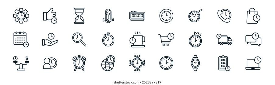 linear time management icon pack. vector thin line development, efficiency, hourglass, customer service, stop watch, customer service, connection, flexible icons suitable for apps and websites ui